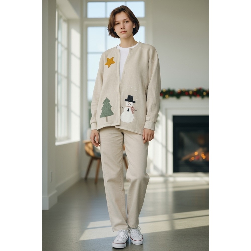 Novelty Christmas Cardigan Sweater Star Tree‎ Snowman Beige Holiday Warm